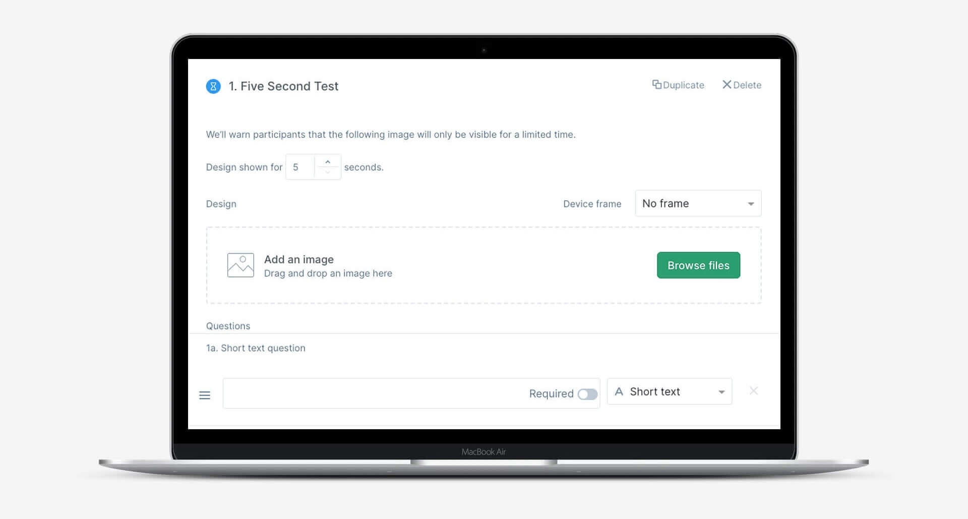 So sieht die Erstellung eines Five-Second-Tests auf Usability.com aus