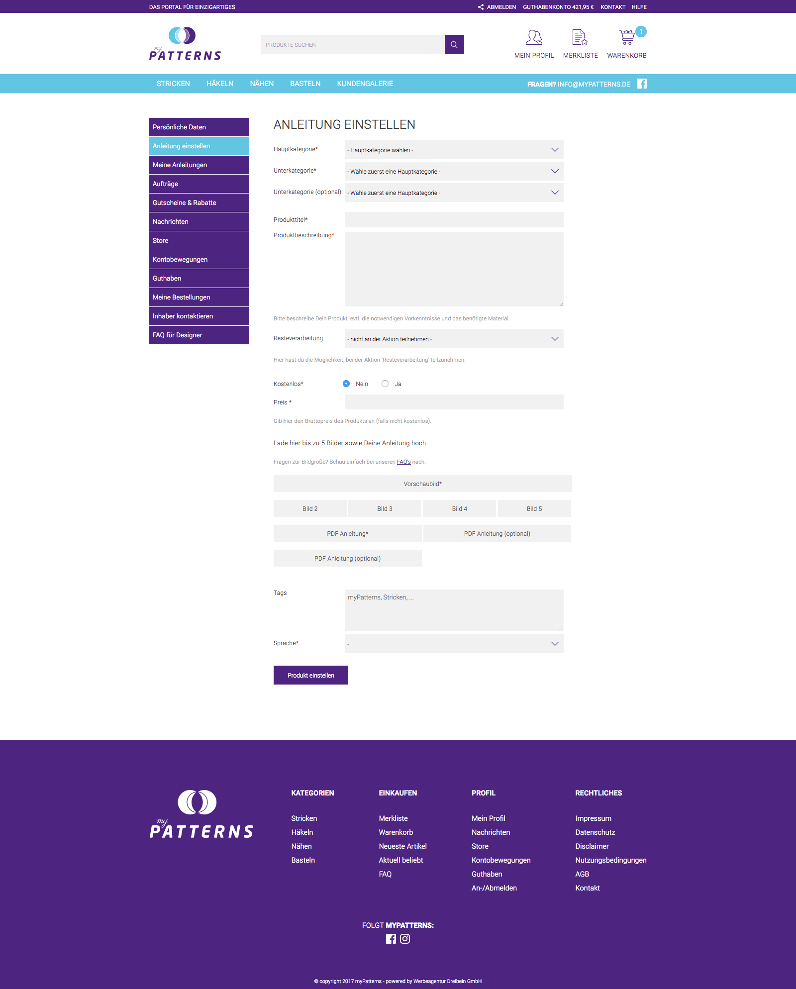 Produkteinpflege von www.mypatterns.de in der Desktop-Ansicht (Desktop)