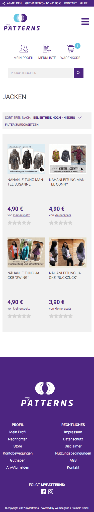 Produktübersicht von www.mypatterns.de in der mobilen Ansicht (Mobile)