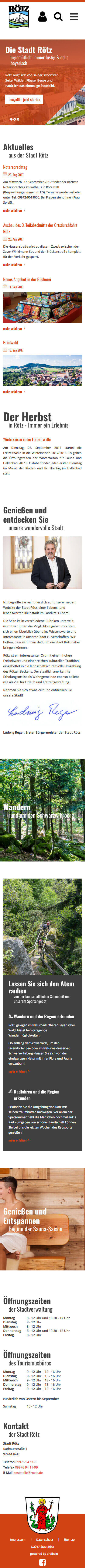 Startseite der Stadt Rötz in der Responsive Ansicht (Mobile)