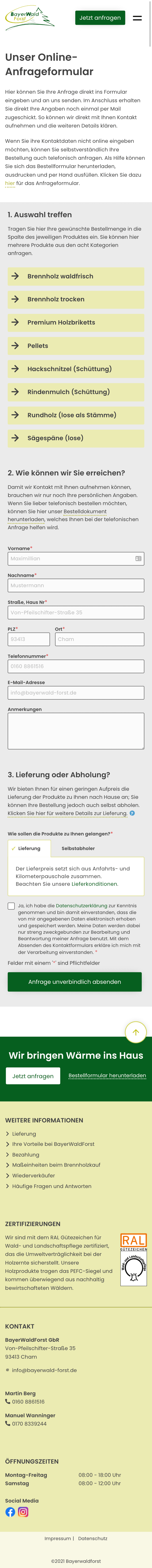 Mobile Ansicht des Online-Anfrageformulars (Mobile)