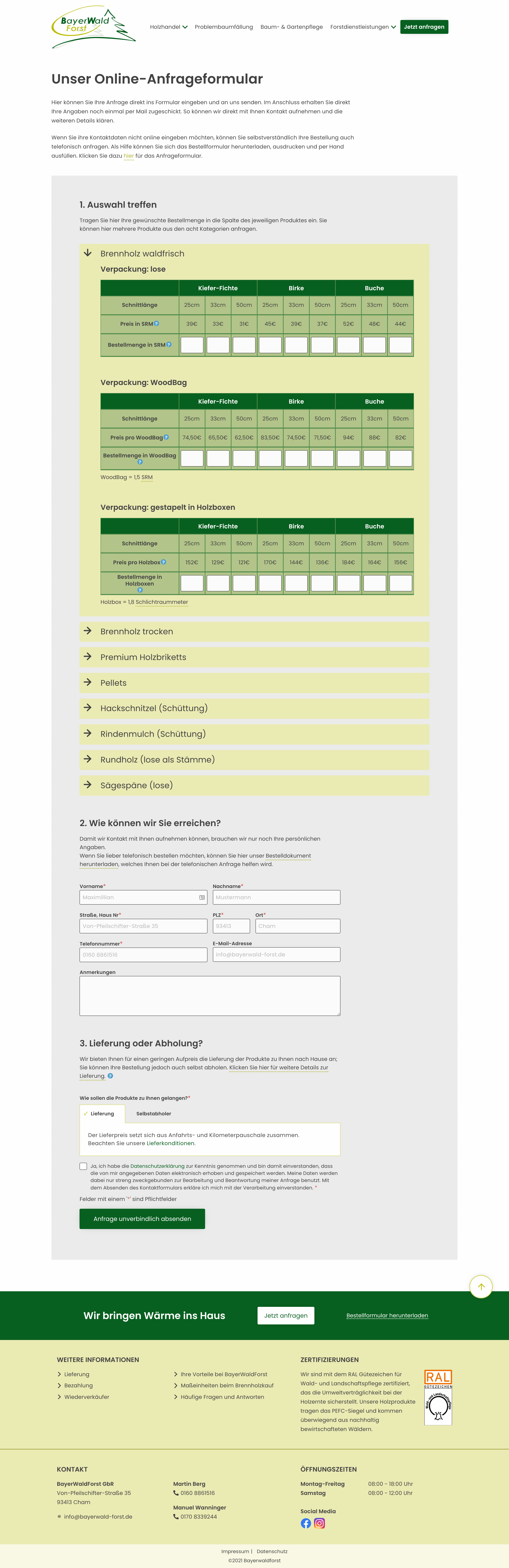 Desktop Ansicht des Online-Anfrageformulars (Desktop)