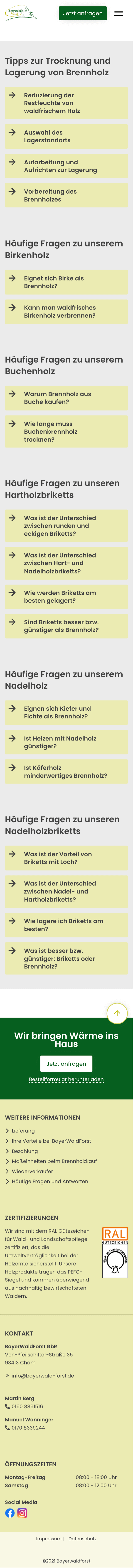 Mobile Ansicht der FAQ-Seite von BayerWaldForst (Mobile)