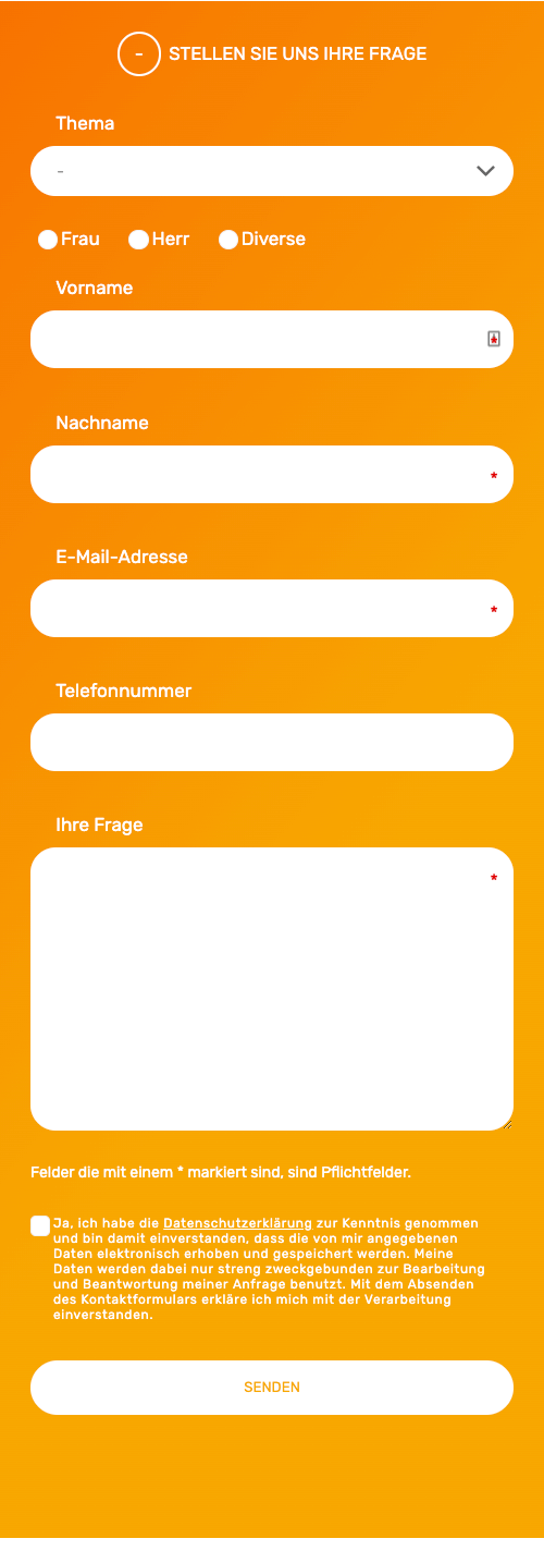 Screenshot der Online-Option Fragen stellen (Mobile)