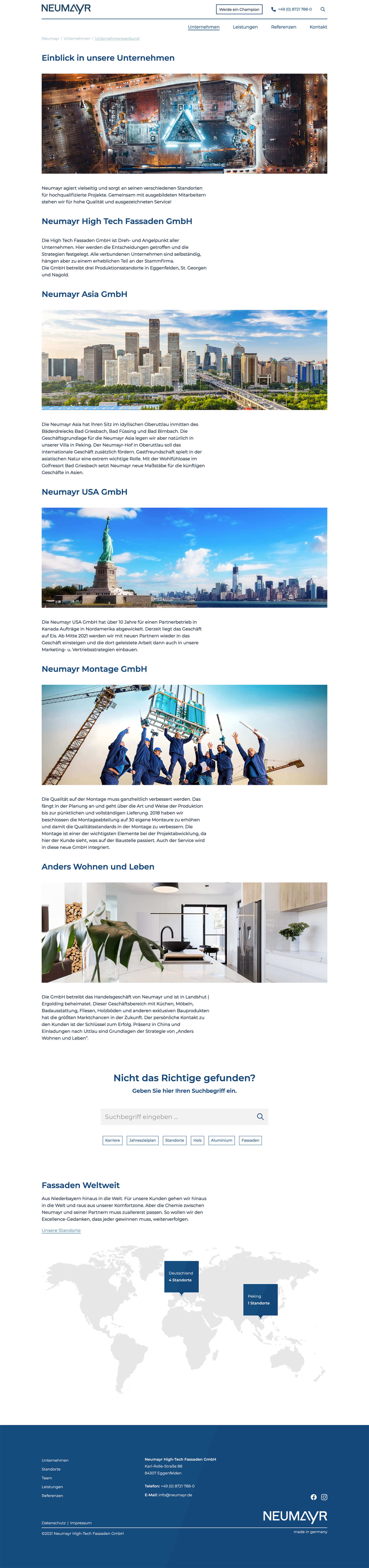 Desktop Ansicht der Unternehmensverbund-Seite von Neumayr Hight Tech Fassaden (Desktop)